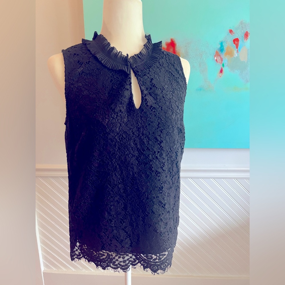 JCrew mock, keyhole sleeveless lace overlay blouse
